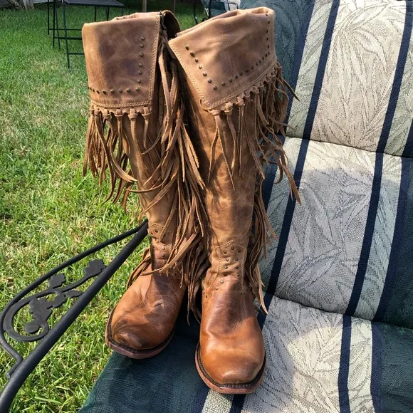 Liberty Black LB71167 American Tan Fringe Boots otk thigh cowboy boho gypsy 8.5