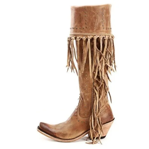Liberty Black LB71167 American Tan Fringe Boots otk thigh cowboy boho gypsy 8.5