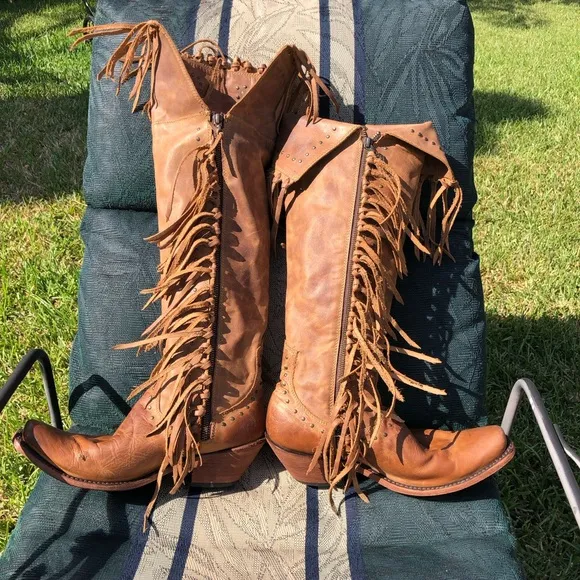 Liberty Black LB71167 American Tan Fringe Boots otk thigh cowboy boho gypsy 8.5