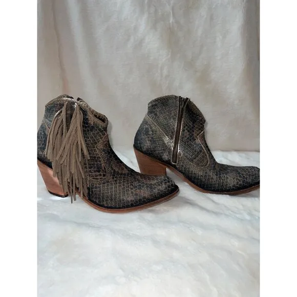 Liberty Black Python Verde Fringe Bootie - Size 9 - Western Boho Ankle Boots