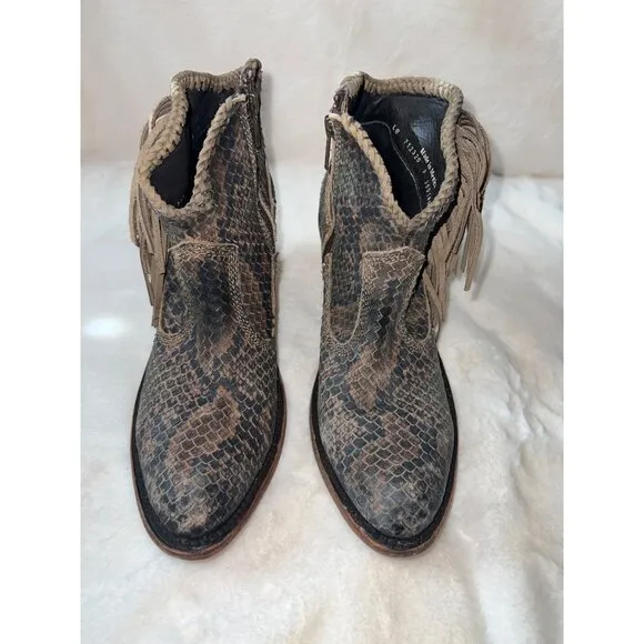 Liberty Black Python Verde Fringe Bootie - Size 9 - Western Boho Ankle Boots