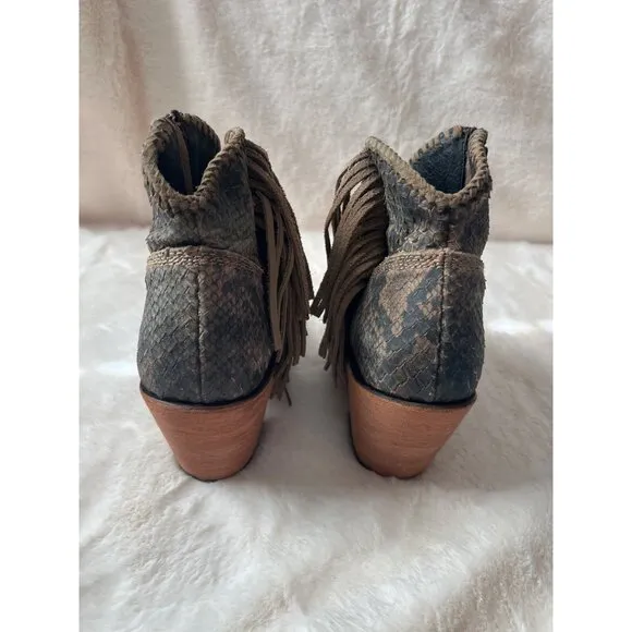 Liberty Black Python Verde Fringe Bootie - Size 9 - Western Boho Ankle Boots