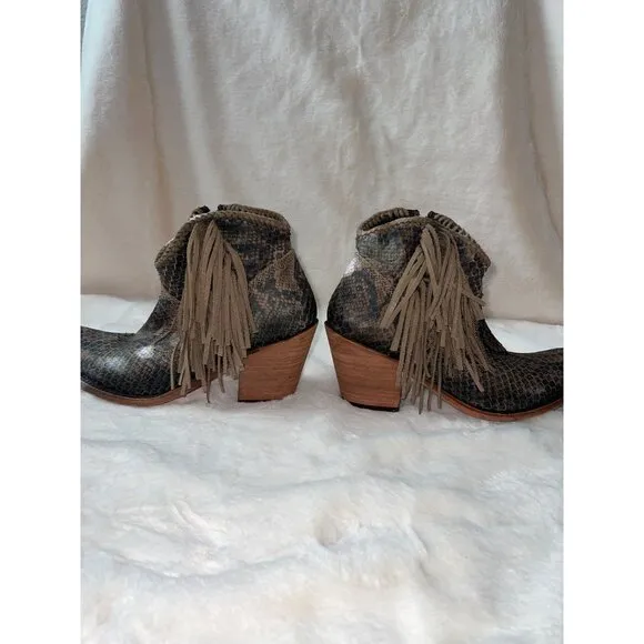 Liberty Black Python Verde Fringe Bootie - Size 9 - Western Boho Ankle Boots