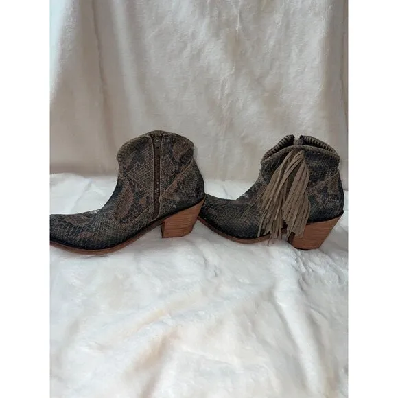 Liberty Black Python Verde Fringe Bootie - Size 9 - Western Boho Ankle Boots