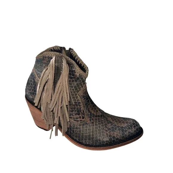 Liberty Black Python Verde Fringe Bootie - Size 9 - Western Boho Ankle Boots
