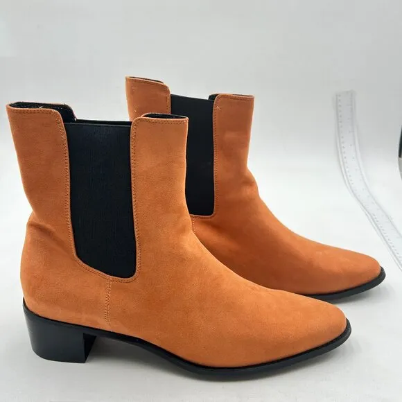 Light Brown Chelsea Ankle Booties Pull On Almond Toe Low Chunky Heel Boots