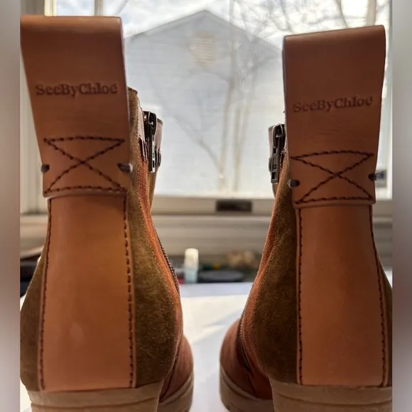 Like New SEE BY CHLOÉ Claudia patchwork chunky nubuck ankle boots Women’s SZ 41