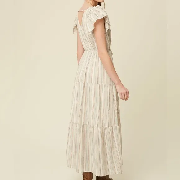 Listicle Flutter Sleeve Deep Neck White Stripped Maxi Dress Boho Style Medium