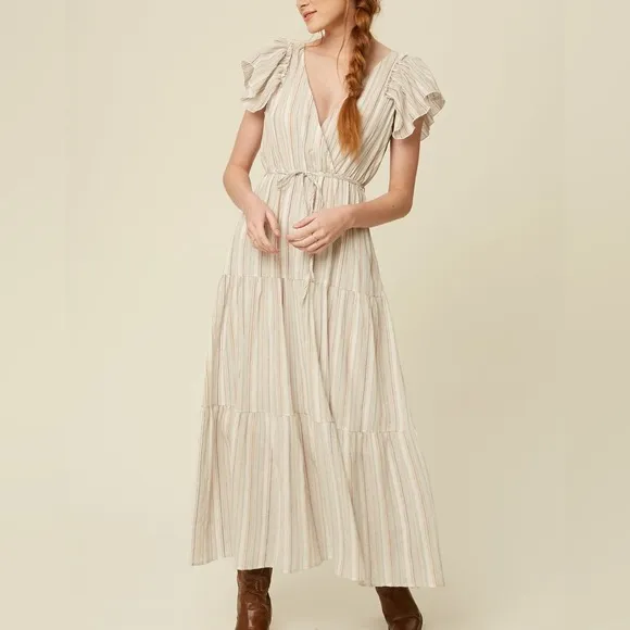 Listicle Flutter Sleeve Deep Neck White Stripped Maxi Dress Boho Style Medium