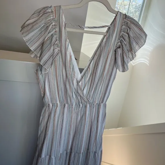 Listicle Flutter Sleeve Deep Neck White Stripped Maxi Dress Boho Style Medium