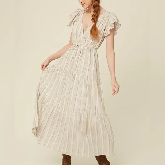 Listicle Flutter Sleeve Deep Neck White Stripped Maxi Dress Boho Style Medium