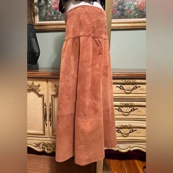 Long Vintage Peasant Boho Western Tan Suede Winter Long Skirt