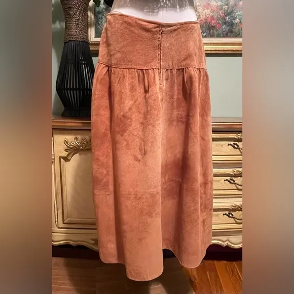 Long Vintage Peasant Boho Western Tan Suede Winter Long Skirt