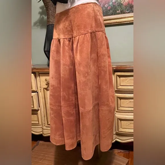 Long Vintage Peasant Boho Western Tan Suede Winter Long Skirt
