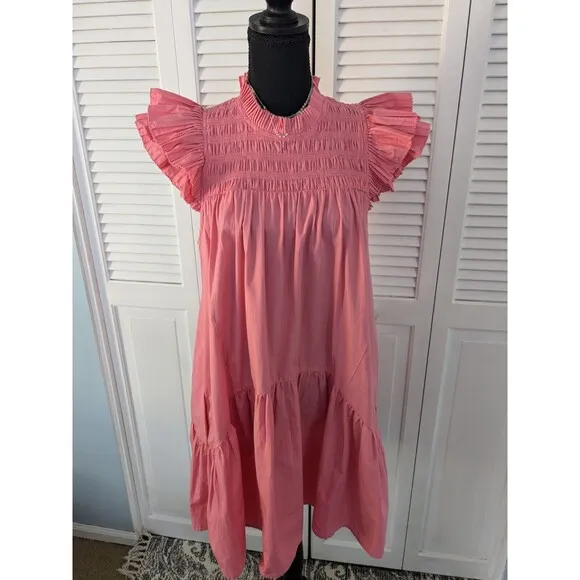Love The Label Womens sz L Mini Poppy Dress Coral Pink Smocking Barbie Boho Chic