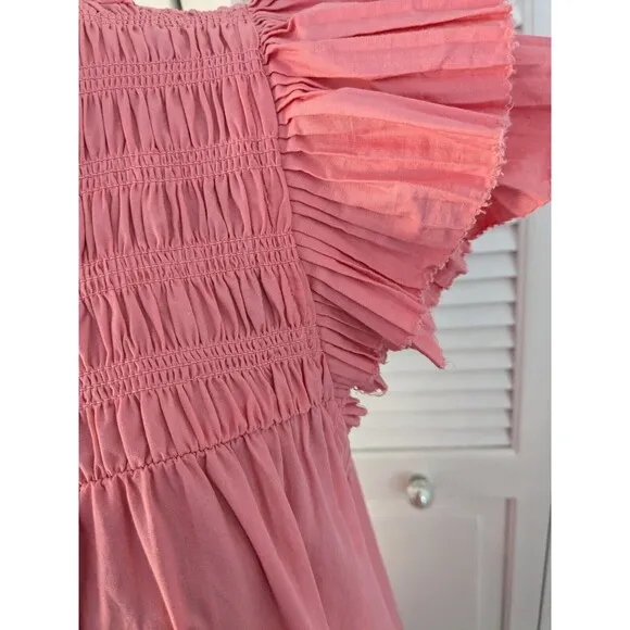 Love The Label Womens sz L Mini Poppy Dress Coral Pink Smocking Barbie Boho Chic