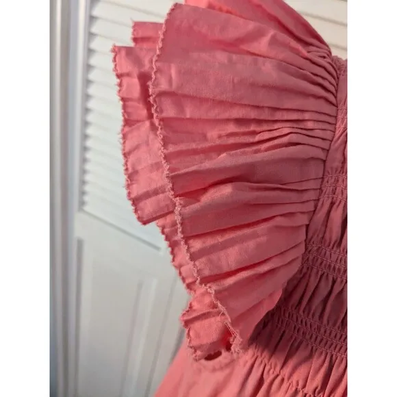 Love The Label Womens sz L Mini Poppy Dress Coral Pink Smocking Barbie Boho Chic