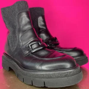 Luca Grossi Black Leather Gray Wool High Ankle Chunkly Loafer Chelsea Boot Sz 40
