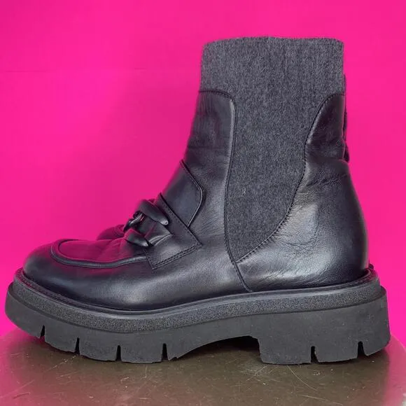 Luca Grossi Black Leather Gray Wool High Ankle Chunkly Loafer Chelsea Boot Sz 40