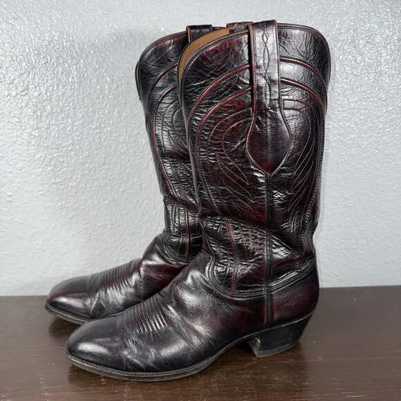 Lucchese Classics Vintage Mens 11 D Western Boots Goatskin Black Cherry L6608