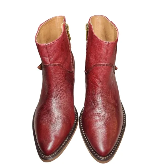 Lucky Brand Caelyn Red Leather Boots Booties Western Gold Buckle Cowboy Boho 7