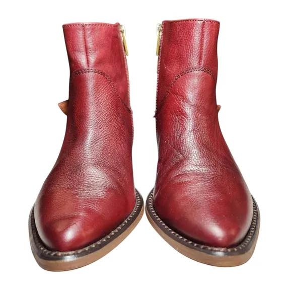 Lucky Brand Caelyn Red Leather Boots Booties Western Gold Buckle Cowboy Boho 7