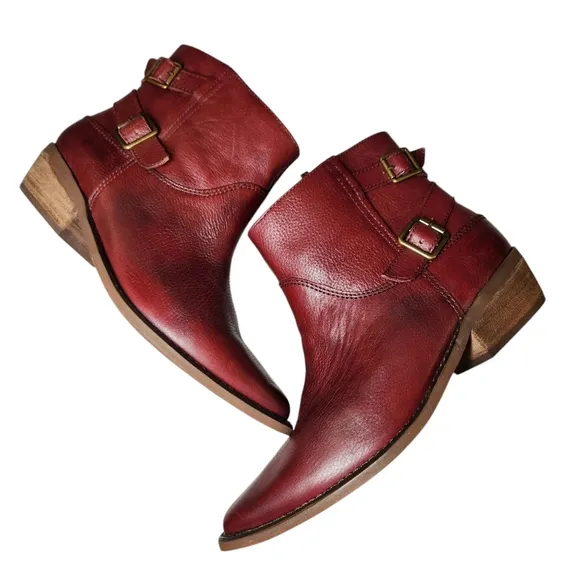 Lucky Brand Caelyn Red Leather Boots Booties Western Gold Buckle Cowboy Boho 7