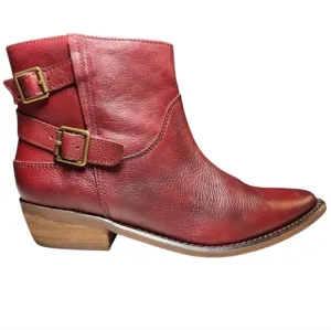 Lucky Brand Caelyn Red Leather Boots Booties Western Gold Buckle Cowboy Boho 7