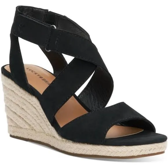 LUCKY BRAND MENDONA SUEDE LEATHER ESPADRILLE WEDGE SANDALS BLACK NIB SZ 9.5
