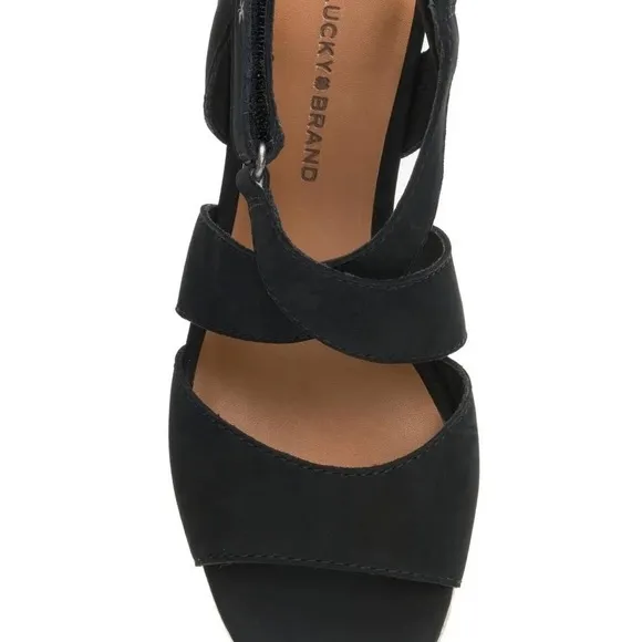 LUCKY BRAND MENDONA SUEDE LEATHER ESPADRILLE WEDGE SANDALS BLACK NIB SZ 9.5