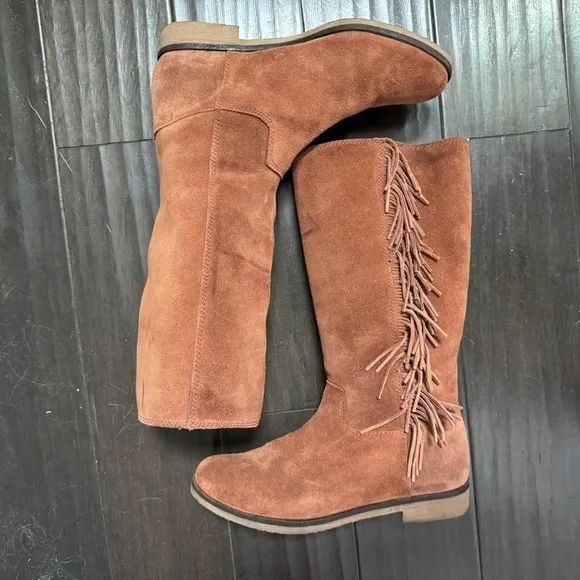 Lucky Brand Suede Fringe Brown Rodeo Campus Style Boho Leather Boots Size 8.5