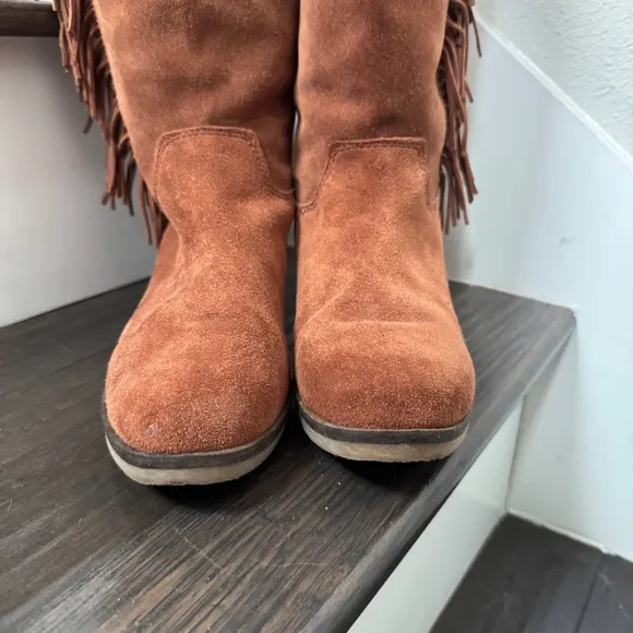 Lucky Brand Suede Fringe Brown Rodeo Campus Style Boho Leather Boots Size 8.5