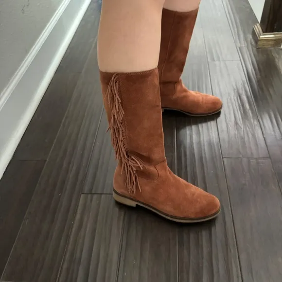 Lucky Brand Suede Fringe Brown Rodeo Campus Style Boho Leather Boots Size 8.5