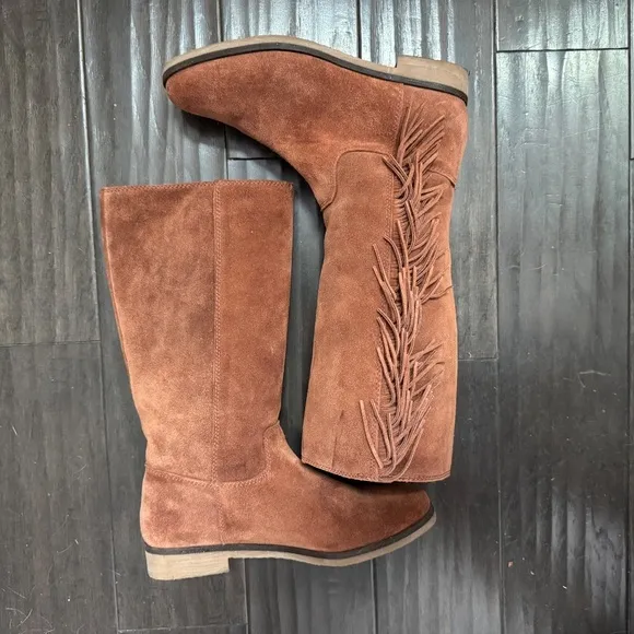 Lucky Brand Suede Fringe Brown Rodeo Campus Style Boho Leather Boots Size 8.5
