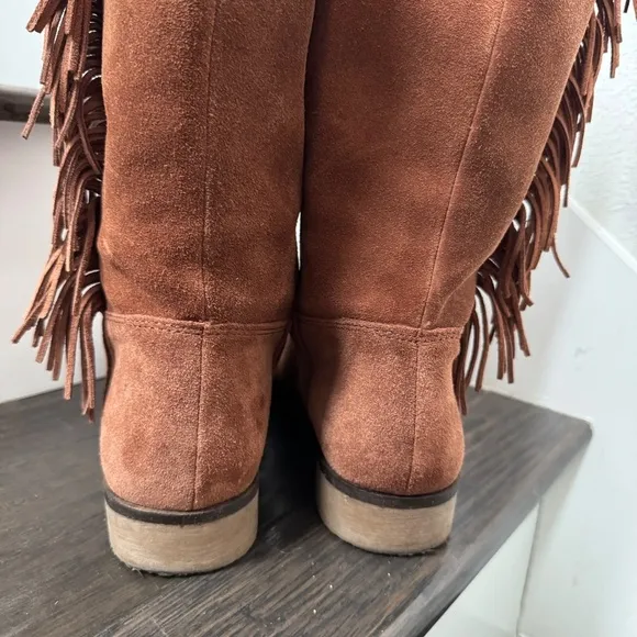 Lucky Brand Suede Fringe Brown Rodeo Campus Style Boho Leather Boots Size 8.5