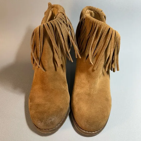 Lucky Brand Tan Fringe Suede Wedge Heeled Ankle Boots