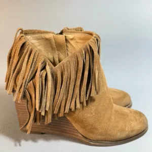 Lucky Brand Tan Fringe Suede Wedge Heeled Ankle Boots
