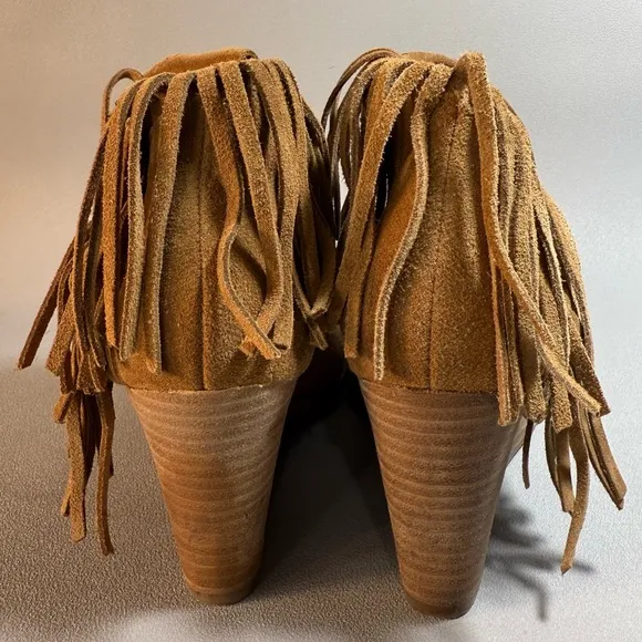 Lucky Brand Tan Fringe Suede Wedge Heeled Ankle Boots