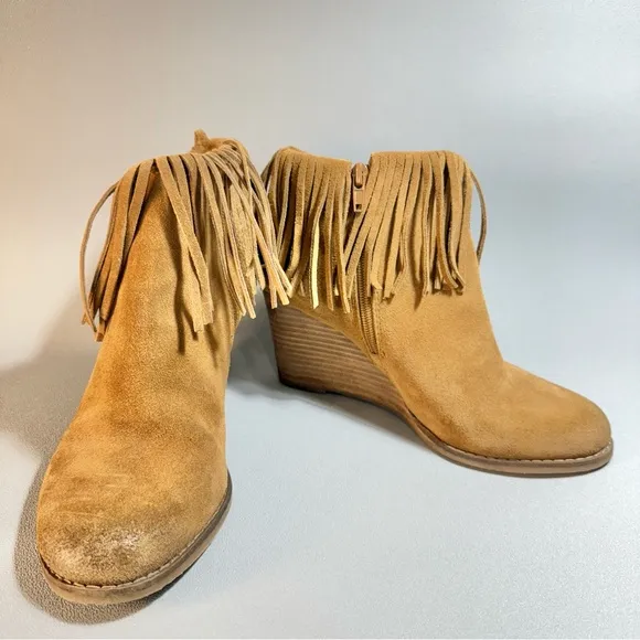 Lucky Brand Tan Fringe Suede Wedge Heeled Ankle Boots