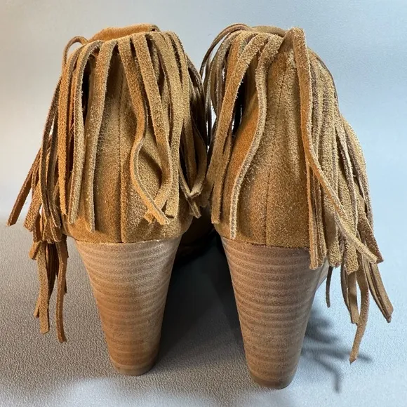 Lucky Brand Tan Fringe Suede Wedge Heeled Ankle Boots