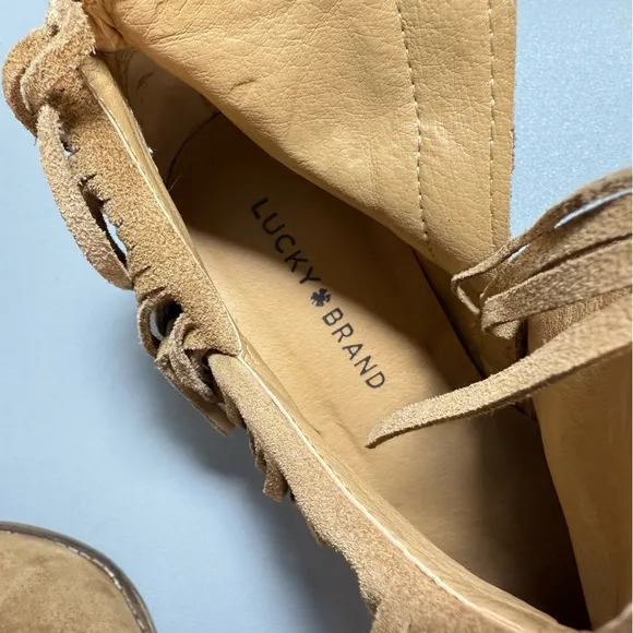 Lucky Brand Tan Fringe Suede Wedge Heeled Ankle Boots