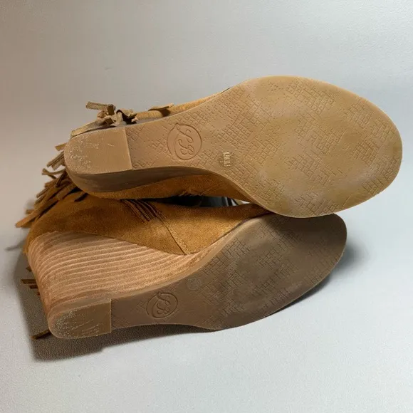 Lucky Brand Tan Fringe Suede Wedge Heeled Ankle Boots