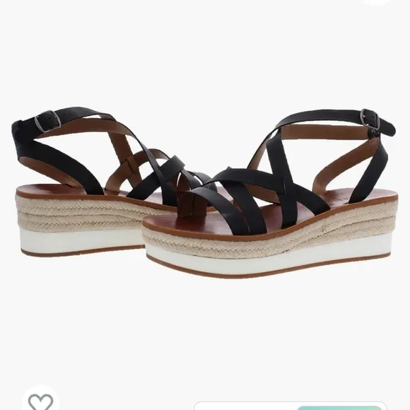 🍀Lucky Brand Women's Jasmei Leather Strappy Espadrille Wedge Sandals Siz