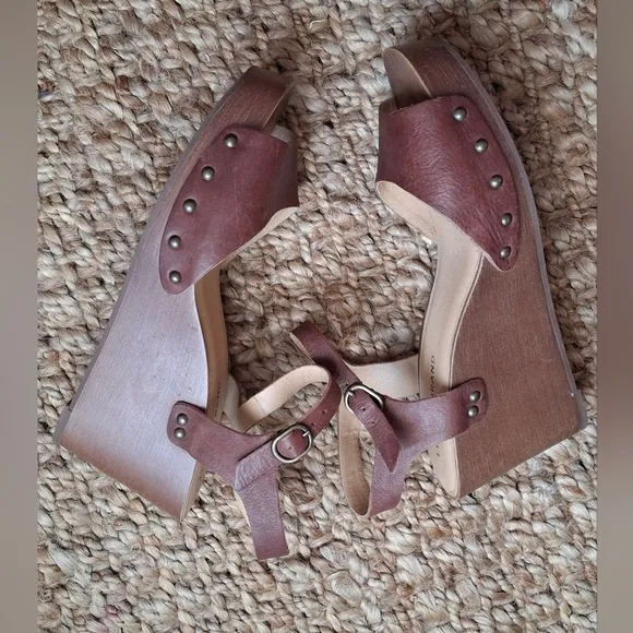 Lucky brand zashti leather wedge sandals sz 9.5 boho chic western trabel Cruise