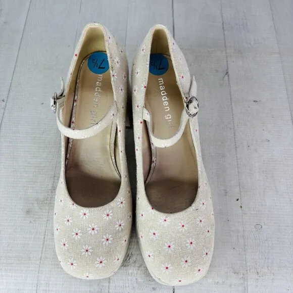 Madden Girl MANTEL Cream Floral  Mary Jane Platform Chunky Heel Shoes Size 7.5 M