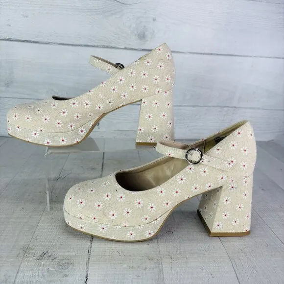 Madden Girl MANTEL Cream Floral  Mary Jane Platform Chunky Heel Shoes Size 7.5 M