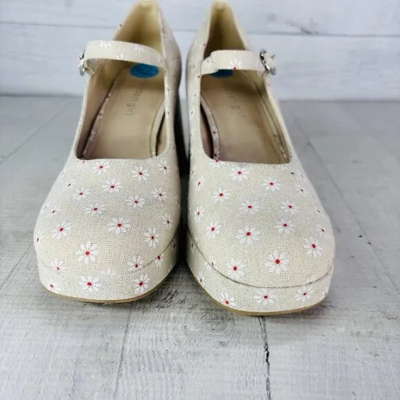 Madden Girl MANTEL Cream Floral  Mary Jane Platform Chunky Heel Shoes Size 7.5 M