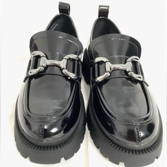 Madden Girl Patent Leather Loafer Chunky Heel Slip On Black Women 6.5 M
