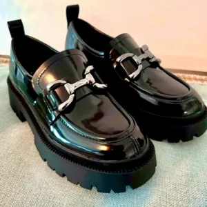 Madden Girl Patent Leather Loafer Chunky Heel Slip On Black Women 6.5 M