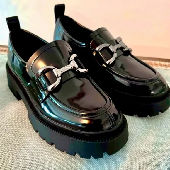 Madden Girl Patent Leather Loafer Chunky Heel Slip On Black Women 6.5 M